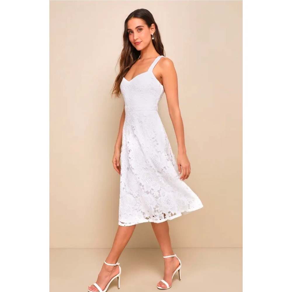 Lulus Divine Beauty White Lace Midi Dress A-Line Small Women Wedding Rehearsal